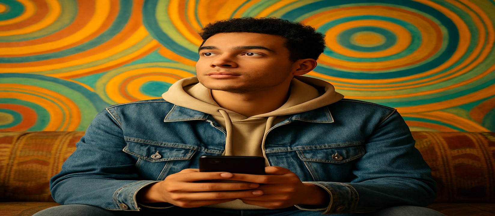 ডেনিম জ্যাকেট পরা একজন ব্যক্তি সোফায় বসে হাতে একটি ফোন ধরে lv18 অ্যাপে গেম খেলছেন।