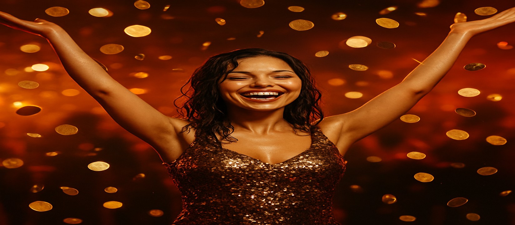 একজন নারী অ্যাভিয়েটর জয় উদযাপন করছেন; চারদিকে lv18-র সোনার মুদ্রা উড়ে বেড়াচ্ছে