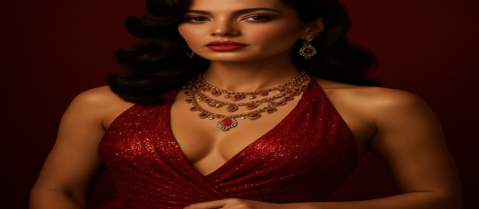 lv18 গেমিং প্ল্যাটফর্মের টেবিলে সুন্দর লাল পোশাক পরা এক নারী উপস্থাপক