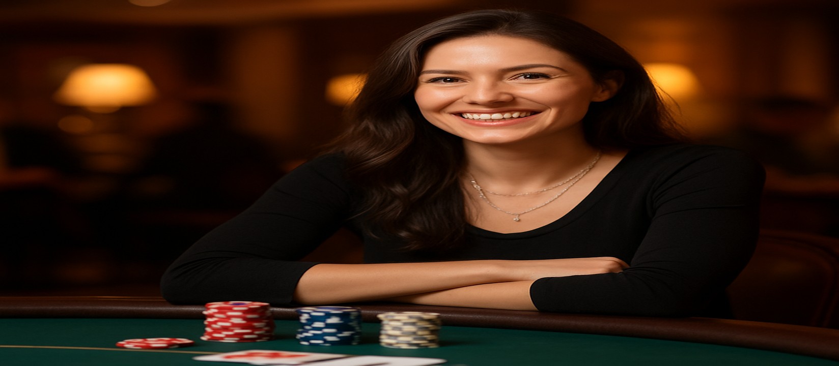 lv18-র গেমিং প্ল্যাটফর্মে একজন হাসিখুশি নারীর সামনে কার্ড টেবিলে চিপস ও কার্ড রয়েছে, তিনি বিস্তৃত খেলার নির্বাচন প্রস্তাব করেন।