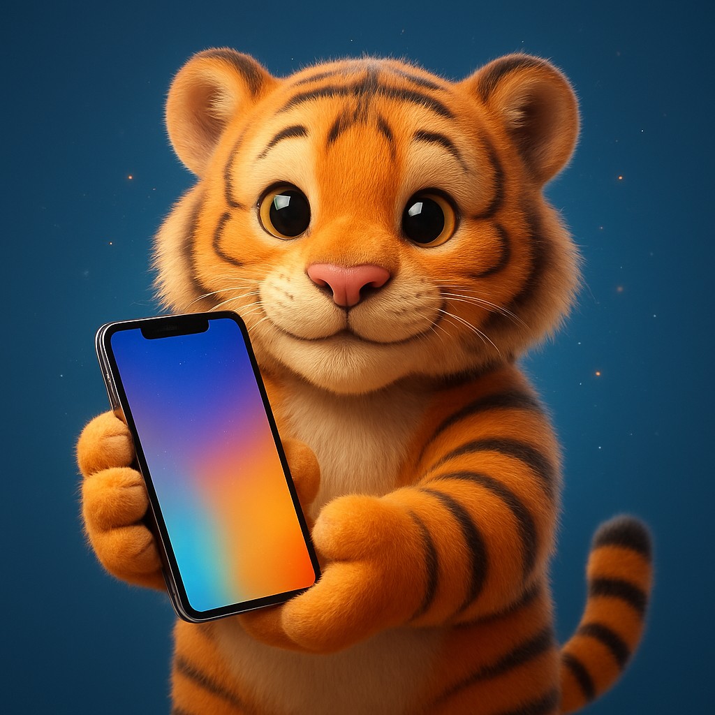 একটি কার্টুন বাঘের বাচ্চা তার থাবায় একটি স্মার্টফোন ধরে রেখেছে, lv18 অ্যাপটি দ্রুত ও নির্ভরযোগ্য।