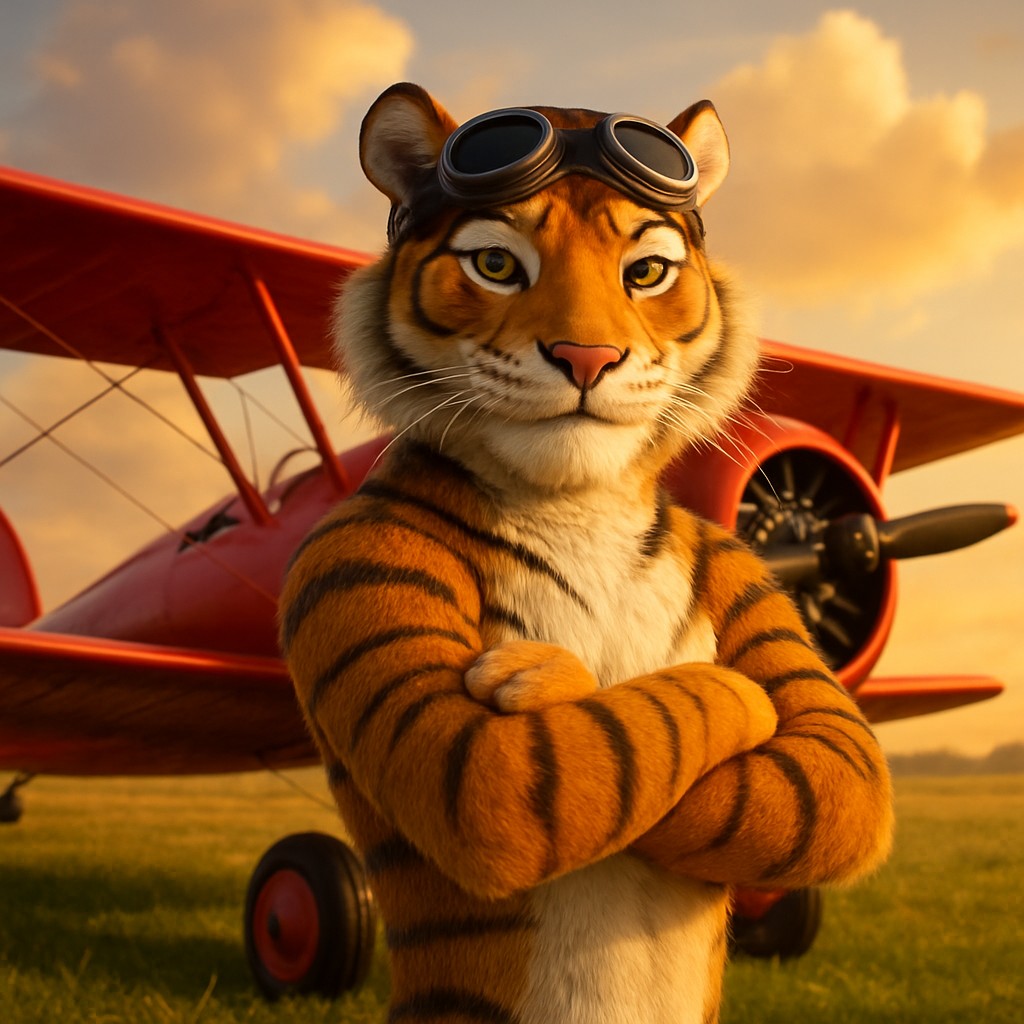 একজন বাঘা পাইলট lv18 এর ডিজাইনের মতো লাল রঙের পুরোনো বিমানের পাশে দাঁড়িয়ে অ্যাভিয়েটর গেমটির প্রতীক হিসেবে প্রকাশ পাচ্ছে