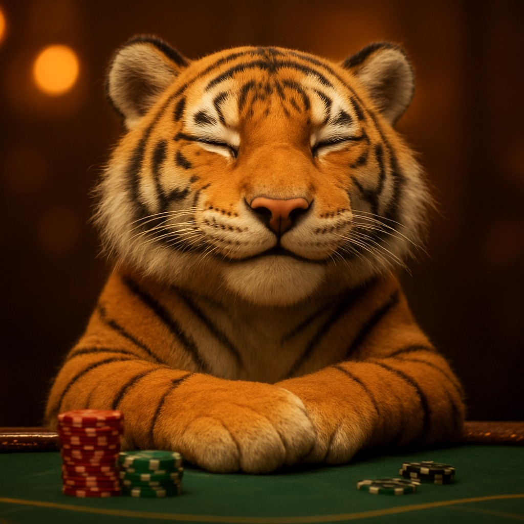 একটি হাসিখুশি বাঘের বাচ্চা lv18 গেমিং প্ল্যাটফর্মে একটি খেলার টেবিলে বসে আছে