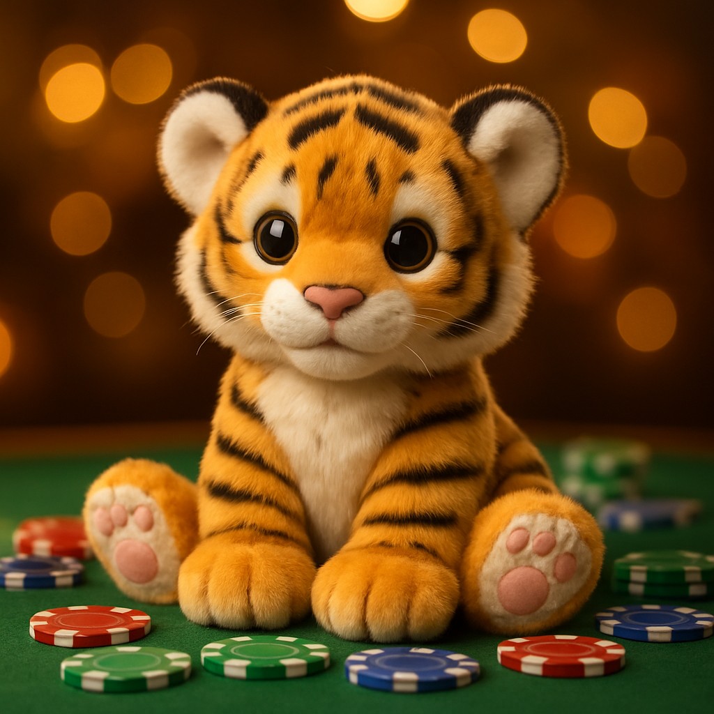 একটি ছোট বাঘের বাচ্চা একটি টেবিলে গেম চিপস নিয়ে বসে আছে।