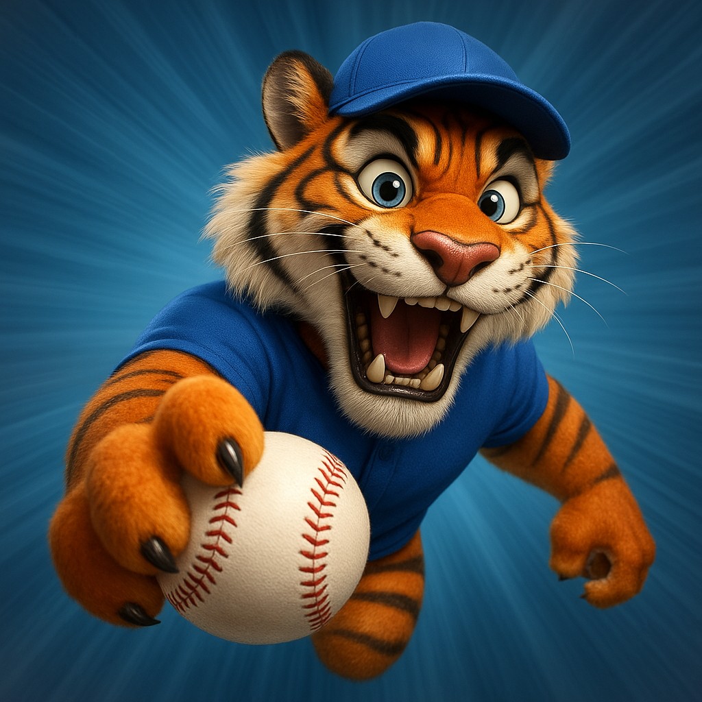 lv18-এ ক্রিকেট গেমিংকে প্রতীক হিসেবে তুলে ধরছে, পোশাকধারণ করা এক হাসিখুশি বাঘের শাবক, যার মুঠিতে একটি বল রয়েছে