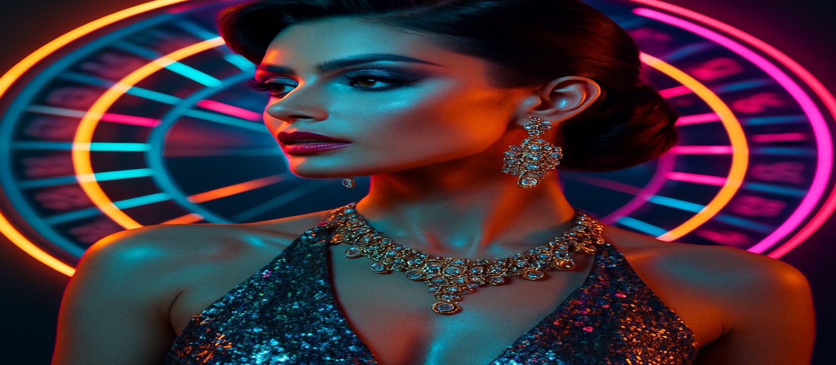 lv18 গেমিং প্ল্যাটফর্মে উজ্জ্বল রঙের চাকার সামনে সিকুইন-সজ্জিত পোশাক পরে একজন নারী পোজ দিচ্ছেন