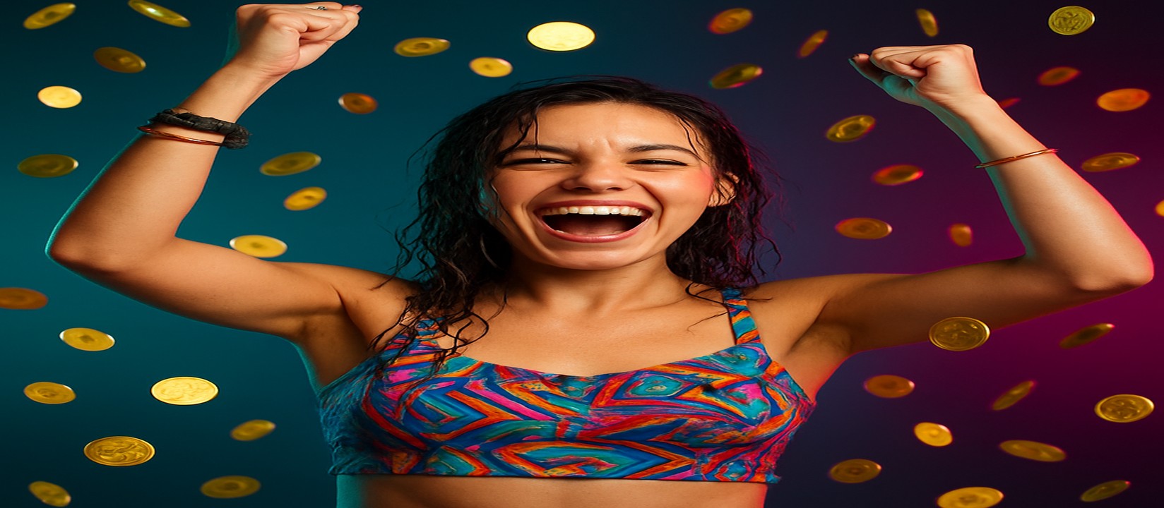 lv18 গেমিং প্ল্যাটফর্মে মুদ্রার বৃষ্টির মাঝে রঙিন টপ পরিহিত এক নারী